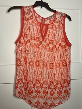 Daniel Rainn Orange & White Printed Keyhole Sleeveless Top, Size Medium